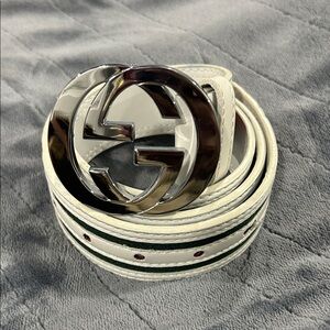 Gucci White Leather Belt with Silver GG Buckle